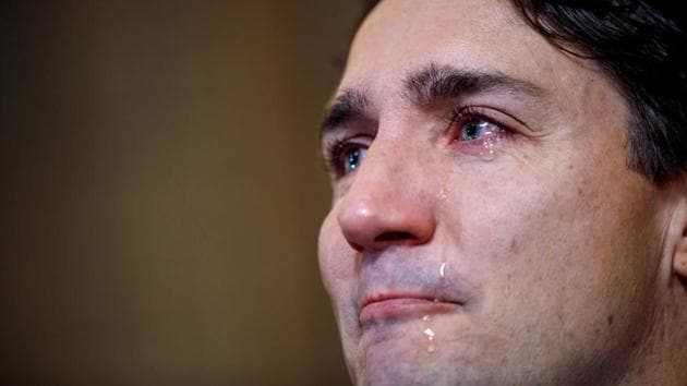 Canada’s Prime Minister Justin Trudeau sheds a tear while speaking with media about the terminal brain cancer death of ‘The Tragically Hip’ singer Gord Downie in Ontario, Canada. (REUTERS)