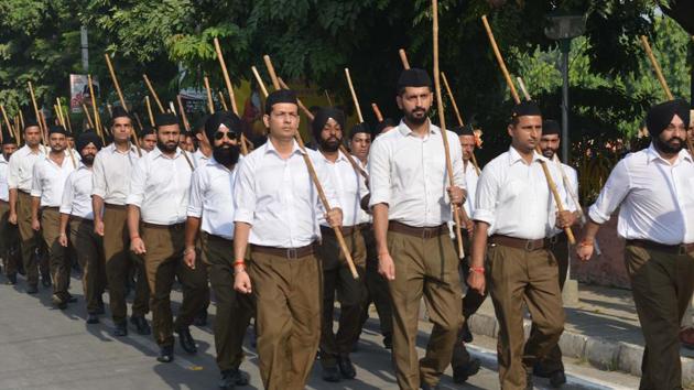 RSS volunteers march on Vijayadashami in Amritsar on September 30. (HT File Photo)