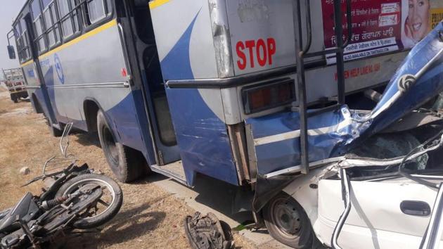 A collision between a bus, a car and a motorbike in Sangrur(HT Photo)