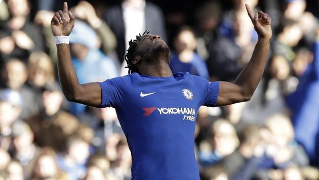 Chelsea's Michy Batshuayi celebrates scoring his second goal during the English Premier League match between Chelsea and Watford at Stamford Bridge in London, Saturday, Oct. 21, 2017. (AP) Chelsea's Michy Batshuayi celebrates scoring his second goal during the English Premier League match between Chelsea and Watford at Stamford Bridge in London, Saturday, Oct. 21, 2017. (AP)