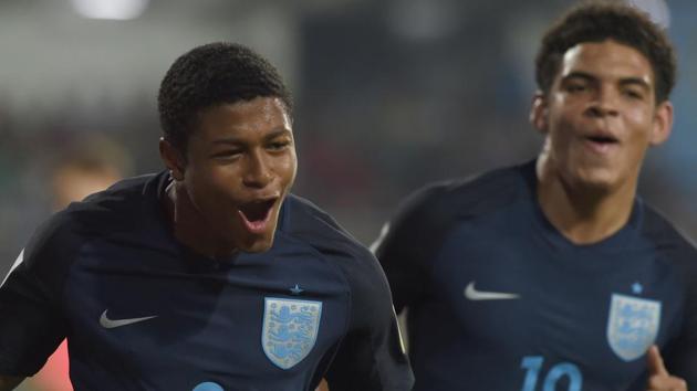 Rhian Brewster (L) celebrates with teammate Callum Hudson-Odoi after scoring the second goal during the FIFA U-17 World Cup quarterfinal match between England and USA. (AFP) Rhian Brewster (L) celebrates with teammate Callum Hudson-Odoi after scoring the second goal during the FIFA U-17 World Cup quarterfinal match between England and USA. (AFP)