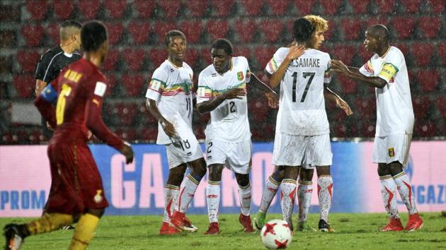 Mali's players celebrate after scoring a goal against Ghana during their FIFA U-17 World Cup match. (PTI)