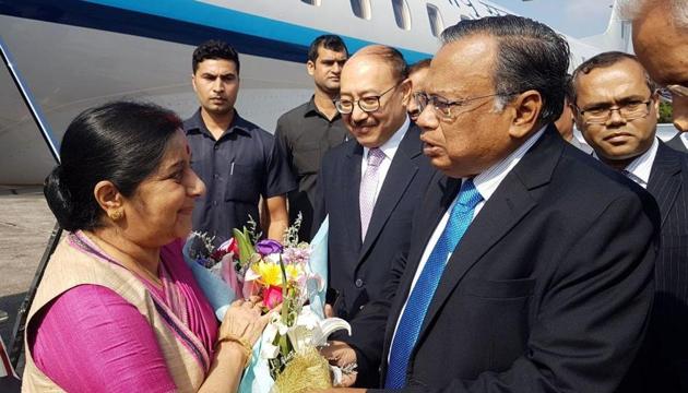 External Affairs Minister Sushma Swaraj arrived here on Sunday on a two-day visit to attend a joint consultative committee meeting to review the bilateral ties and discuss ways to further strengthen the relationship. (Twitter Photo) External Affairs Minister Sushma Swaraj arrived here on Sunday on a two-day visit to attend a joint consultative committee meeting to review the bilateral ties and discuss ways to further strengthen the relationship. (Twitter Photo)