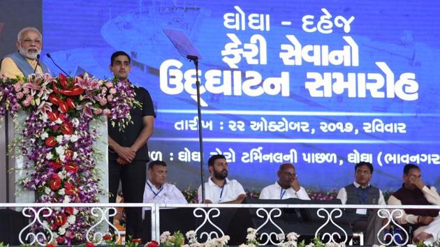 PM Narendra Modi addresses a gathering at an event in Gujarat’s Bhavnagar on Sunday. (Photo tweeted by PIB India) PM Narendra Modi addresses a gathering at an event in Gujarat’s Bhavnagar on Sunday. (Photo tweeted by PIB India)