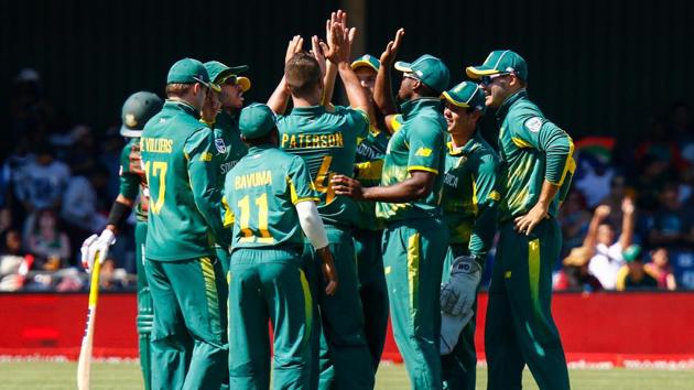 South African team players celebrate after a wicket during the 3rd ODI match at the Buffalo Park in East London. Get full cricket score of South Africa vs Bangladesh, 3rd ODI here.(AFP)