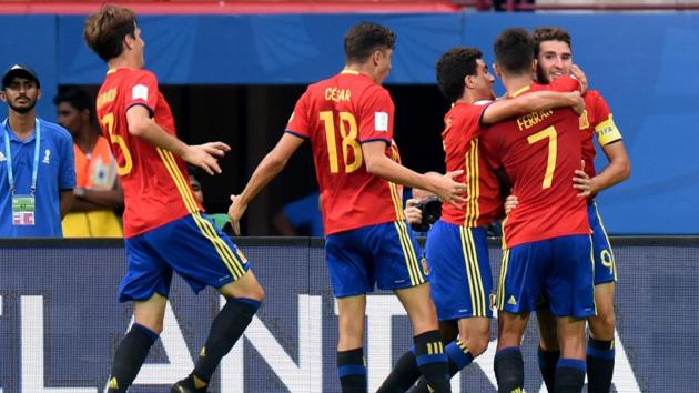 Spain players celebrate after beating Iran in the FIFA U-17 World Cup quarterfinal at the Jawaharlal Nehru Stadium in Kochi on Sunday. (AFP) Spain players celebrate after beating Iran in the FIFA U-17 World Cup quarterfinal at the Jawaharlal Nehru Stadium in Kochi on Sunday. (AFP)