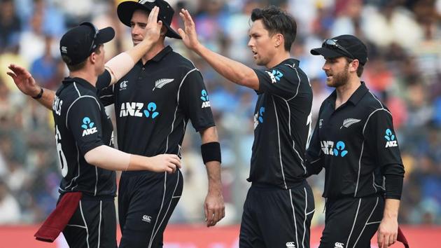 New Zealand bowler Trent Boult celebrates the wicket of Indian batsman MS Dhoni. (PTI)