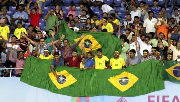 Brazil fans went berserk at the Yuba Bharati Krirangan after the equaliser. (AP) Brazil fans went berserk at the Yuba Bharati Krirangan after the equaliser. (AP)
