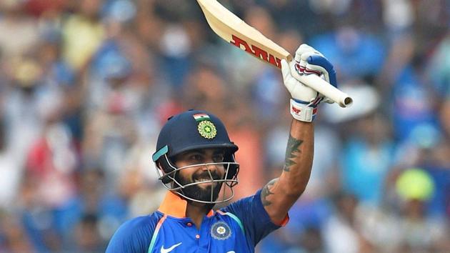 Indian cricket team captain Virat Kohli celebrates his century against New Zealand. (PTI) Indian cricket team captain Virat Kohli celebrates his century against New Zealand. (PTI)