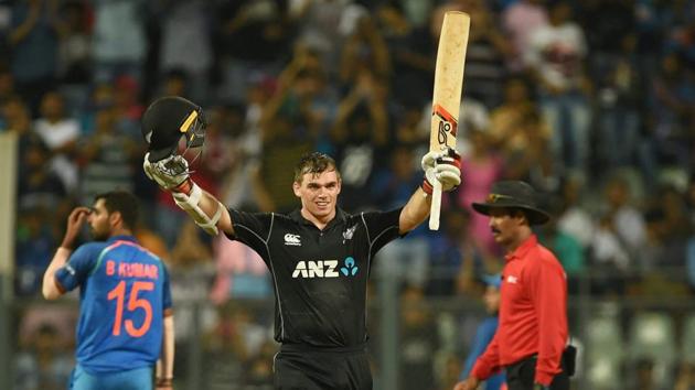 New Zealand batsman Tom Latham celebrates his century. (PTI)