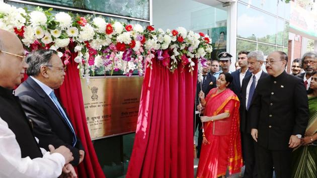 On the last day of her Bangladesh visit, Swaraj lit the ceremonial lamp to mark the opening of the huge complex at Dhaka’s Baridhara diplomatic enclave. (Twitter Photo) On the last day of her Bangladesh visit, Swaraj lit the ceremonial lamp to mark the opening of the huge complex at Dhaka’s Baridhara diplomatic enclave. (Twitter Photo)