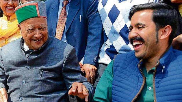 Youth Congress chief Vikramaditya Singh with his father Virbhadra Singh. (HT File) Youth Congress chief Vikramaditya Singh with his father Virbhadra Singh. (HT File)