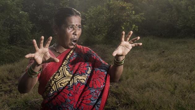 Saiti Pardhi, 40, of Bangurla Pada near Film City has been confronted by leopards thrice since May this year. ‘It was extremely scary, but I made a kind of loud growling sound, and it didn’t attack. This happened three times, but it can attack any time,’ she said. Pardhi has stopped going out alone now, and steps out only when she has at least three villagers for company. (Satish Bate / HT Photo)