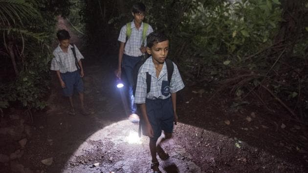 Children from Padas like Chafacha, Kelti, Vanicha and others have been instructed to travel only in groups of six and not lesser as they make their way to and from school. The idea is to scare the leopards by making more noise and maintaining safety in numbers. (Satish Bate / HT Photo)