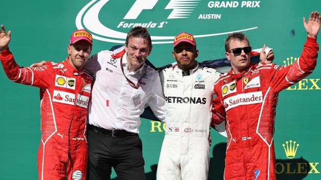 Top three finishers - Lewis Hamilton of Mercedes, Sebastian Vettel of Ferrari, Kimi Raikkonen of Ferrari. (AFP) Top three finishers - Lewis Hamilton of Mercedes, Sebastian Vettel of Ferrari, Kimi Raikkonen of Ferrari. (AFP)