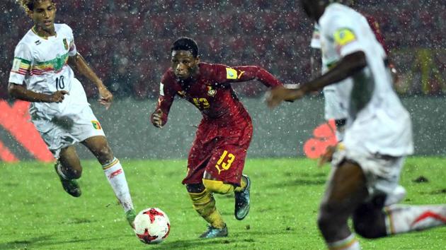 The FIFA U-17 World Cup quarterfinal between Mali and Ghana showed the poor condition of the Guwahati pitch. (AFP) The FIFA U-17 World Cup quarterfinal between Mali and Ghana showed the poor condition of the Guwahati pitch. (AFP)