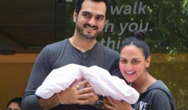Esha Deol and Bharat Takhtani pose with their newborn daughter in Mumbai. Esha Deol and Bharat Takhtani pose with their newborn daughter in Mumbai.