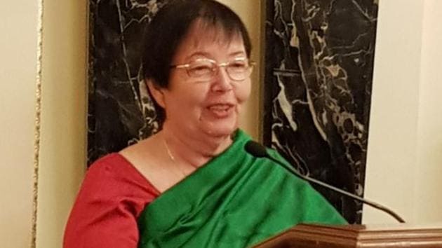 Anita Bose-Pfaff delivers a lecture on 70 years of India’s independence in London on Monday.(HT Photo)