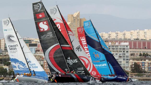 Teams pass the start-line during the first leg of the Volvo Ocean Race, a yacht race around the world, to Lisbon, in the south-eastern city of Alicante, Spain October 22, 2017. (REUTERS) Teams pass the start-line during the first leg of the Volvo Ocean Race, a yacht race around the world, to Lisbon, in the south-eastern city of Alicante, Spain October 22, 2017. (REUTERS)