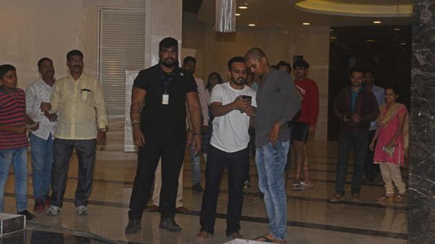 Indian cricket player Kedar Jadhav outside his house in Kothrud in Pune. The players of Indian cricket team visited Jadhav's new house before their match against New Zealand in Pune scheduled on October 26. (Pratham Gokhale/HT Photo) 