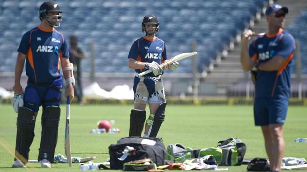 New Zealand cricketer Kane Williamson (C) looks on during their training session. (AFP) 