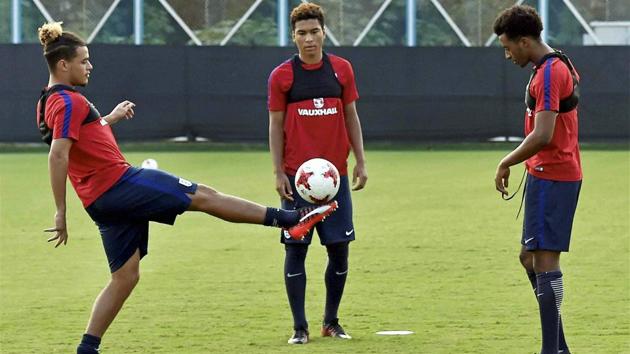 England football players during the practice session ahead of their FIFA U-17 World Cup semi-final match. (PTI)