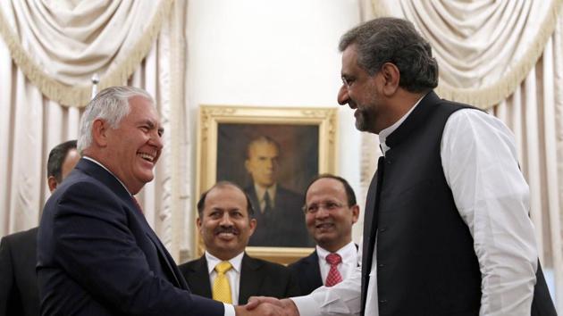 US secretary of state Rex Tillerson shakes hands with Pakistan Prime Minister Shahid Khan Abbasi before their meeting at the Prime Minister's House in Islamabad on October 24, 2017.(AP) US secretary of state Rex Tillerson shakes hands with Pakistan Prime Minister Shahid Khan Abbasi before their meeting at the Prime Minister's House in Islamabad on October 24, 2017.(AP)