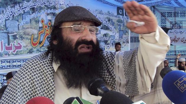 Hizbul Mujahideen chief Syed Salahuddin at a rally in Muzaffarabad, capital of Pakistan occupied Kashmir. His son Syed Shahid Yusuf was arrested in a case of terror funding.(AP file photo)