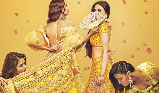 Sonam Kapoor, Kareena Kapoor, Swara Bhaskar and Shikha Talsania on the first poster of Veere Di Wedding. Sonam Kapoor, Kareena Kapoor, Swara Bhaskar and Shikha Talsania on the first poster of Veere Di Wedding.