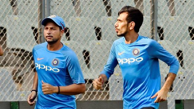 Yuzvendra Chahal picked up only one wicket while Kuldeep Yadav went wicketless as they struggled in the Wankhede ODI against New Zealand.(PTI)