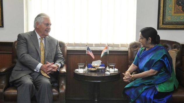 SushmaSwaraj and US secretary of state Rex Tillerson discussed bilateral, regional and global issues to further strengthen bonds of friendship on Wednesday.(Photo tweeted by @MEAIndia)