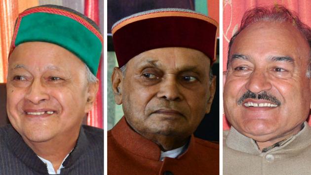 Virbhadra Singh (83), Prem Kumar Dhumal (73) and Kaul Singh Thakur (72). (HT Photo) Virbhadra Singh (83), Prem Kumar Dhumal (73) and Kaul Singh Thakur (72). (HT Photo)