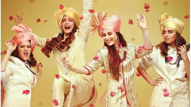 Kareena Kapoor Khan, Sonam Kapoor, Swara Bhaskar and Shikha Talsania on the poster for Veere Di Wedding. (Instagram) Kareena Kapoor Khan, Sonam Kapoor, Swara Bhaskar and Shikha Talsania on the poster for Veere Di Wedding. (Instagram)