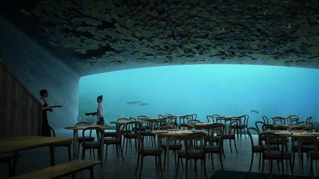 The concrete grey box design features a restaurant for up to 100 guests, with a front-facing 11 x 4m panoramic glass panel giving a view into the depths beyond.(AFP) The concrete grey box design features a restaurant for up to 100 guests, with a front-facing 11 x 4m panoramic glass panel giving a view into the depths beyond.(AFP)