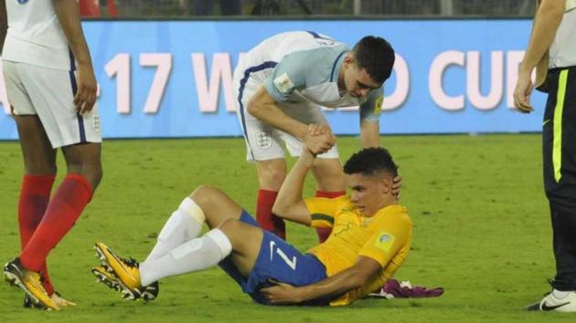 England and Brazil players after the end of the match. (SAMIR JANA/HT PHOTO) England and Brazil players after the end of the match. (SAMIR JANA/HT PHOTO)
