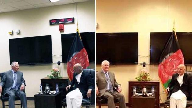 Two photographs of the “secret meeting” between US secretary of state Rex Tillerson and Afghan president Ashraf Ghani have left everyone scratching their heads.(Twitter)