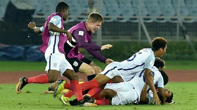 England players celebrate after their win over Brazil. (PTI) England players celebrate after their win over Brazil. (PTI)