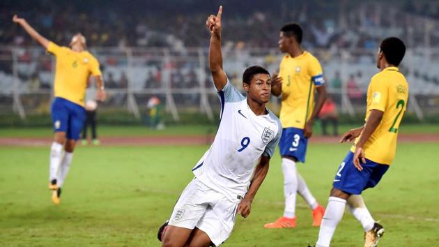 Rhian Brewster celebrates after scoring a goal against Brazil during their FIFA U-17 World Cup 2017 semifinal match in Kolkata. (PTI)
