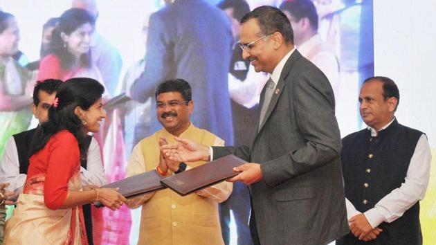 Petroleum minister Dharmendra Pradhan at the exchange of MoU documents between Oil PSUs and innovators in New Delhi on Wednesday. (PTI) Petroleum minister Dharmendra Pradhan at the exchange of MoU documents between Oil PSUs and innovators in New Delhi on Wednesday. (PTI)