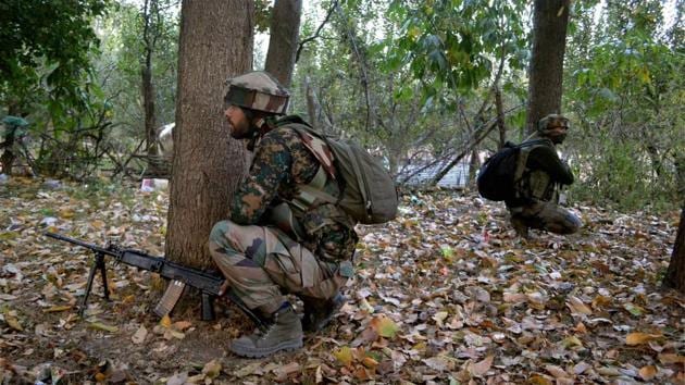 Army personnel take positions during an encounter in which three militants were killed, at Gatipora Keller in Shopian district of south Kashmir on October 9, 2017. (PTI File Photo)