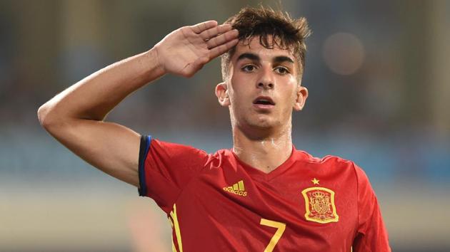 Ferran Torres of Spain celebrates after scoring the third goal during the second semi final match between Mali and Spain in the FIFA U-17 World Cup at the D.Y.Patil stadium in Navi Mumbai. (AFP)