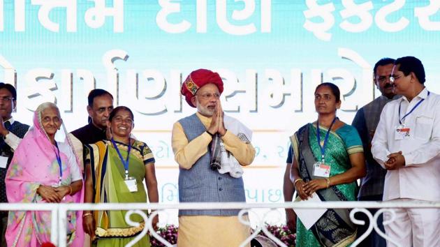 Prime Minister Narendra Modi at a public meeting in Ghogha, Gujarat on October 22. Gujarat will vote for a new assembly into two phases, on December 9 and 14.(PTI file photo)