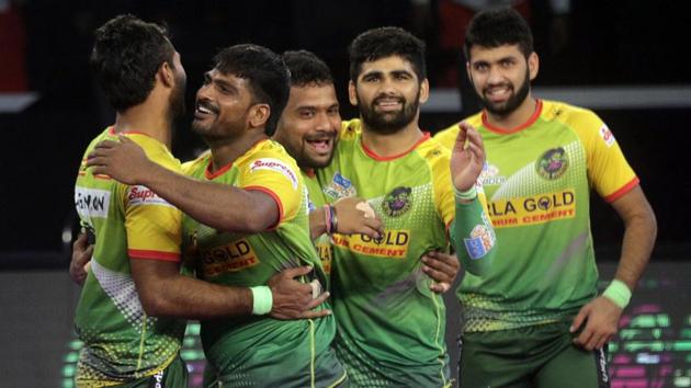 Players of Patna Pirates celebrate their win over Puneri Paltan during their Pro Kabaddi league match in Mumbai on Tuesday. (AP) Players of Patna Pirates celebrate their win over Puneri Paltan during their Pro Kabaddi league match in Mumbai on Tuesday. (AP)