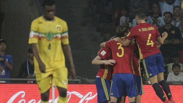 Spain's players celebrate after scoring a goal against Mali during their semi-final FIFA U-17 World Cup match in Mumbai. Spain won 3-1 and will play England in the final. (AP) Spain's players celebrate after scoring a goal against Mali during their semi-final FIFA U-17 World Cup match in Mumbai. Spain won 3-1 and will play England in the final. (AP)