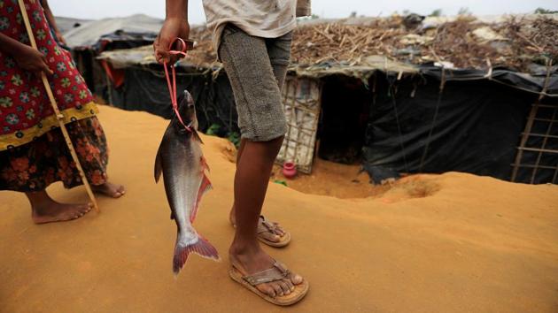A Rohingya refugee boy carries a fish from a haul in Kutupalong refugee camp near Cox's Bazar on October 21, 2017. (Zohra Bensemra / REUTERS)
