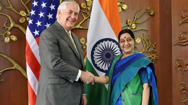 US secretary of state Rex Tillerson with external affairs minister Sushma Swaraj before their meeting in New Delhi on Wednesday. (PTI) US secretary of state Rex Tillerson with external affairs minister Sushma Swaraj before their meeting in New Delhi on Wednesday. (PTI)