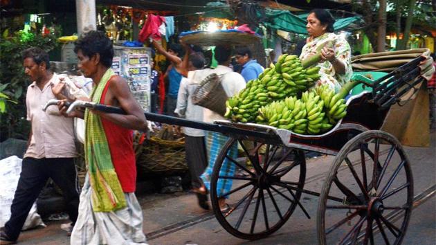 A hand-rickshaw puller ferries an elderly woman carrying bunches of bananas, ahead of Chhath puja festival in Kolkata, West Bengal. (PTI)