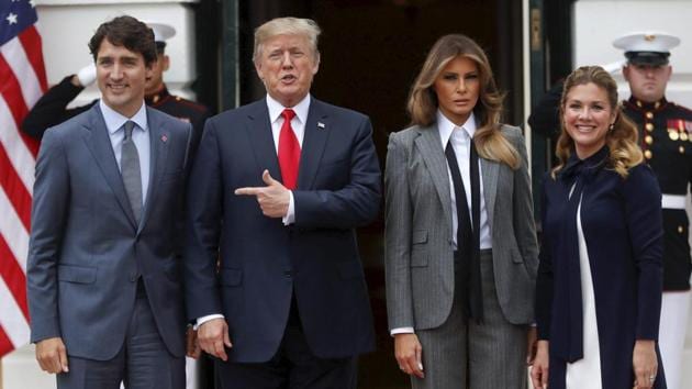 (L to R): Canadian Prime Minister Justin Trudeau, US President Donald Trump, US First Lady Melania Trump and Sophie Gregoire Trudeau, wife of Justin Trudeau, at White House, Washington, October 11(AP)