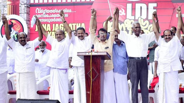 Left Democratic Front leaders at the launch of the ruling front’s statewide Jana Jagratha Yatra at Kasargode in north Kerala. (HT File Photo) Left Democratic Front leaders at the launch of the ruling front’s statewide Jana Jagratha Yatra at Kasargode in north Kerala. (HT File Photo)