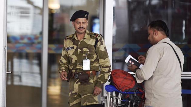 CISF personnel during the security check at IGI Airport T3 in New Delhi. (HT File Photo/Representative image)